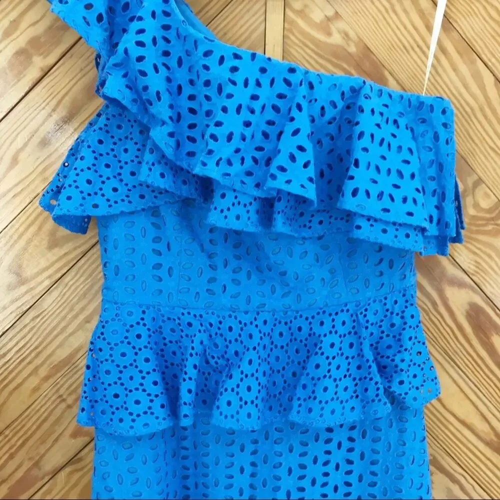 Lilly Pulitzer Josey One Shoulder Dress Coastal Blue Flower Eyelet Ruffles
